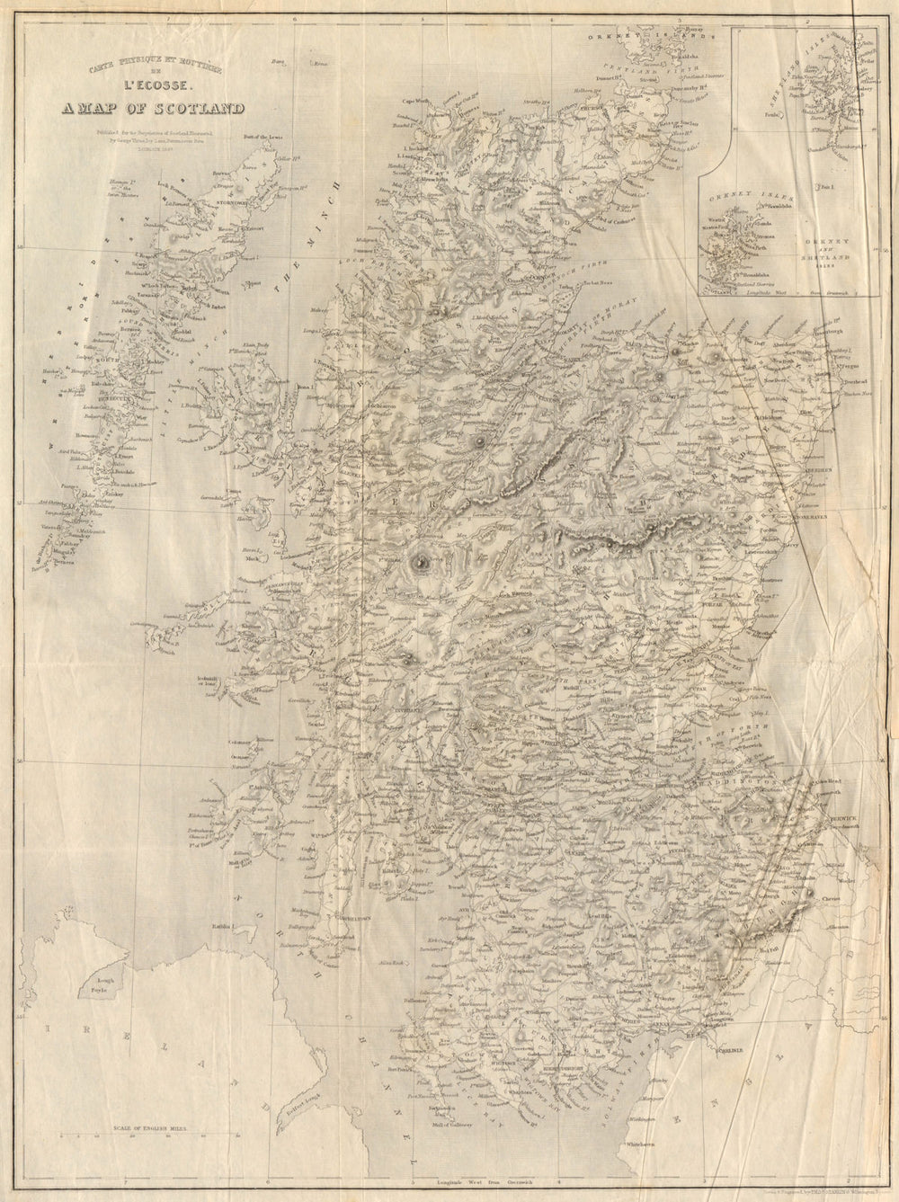 Scotland. "Carte Physique et Routière de l'Ecosse". STARLING 1838 old map