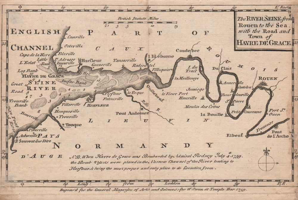 The River Seine from Rouen to the Sea, with… Havre de Grace. OWEN 1759 old map