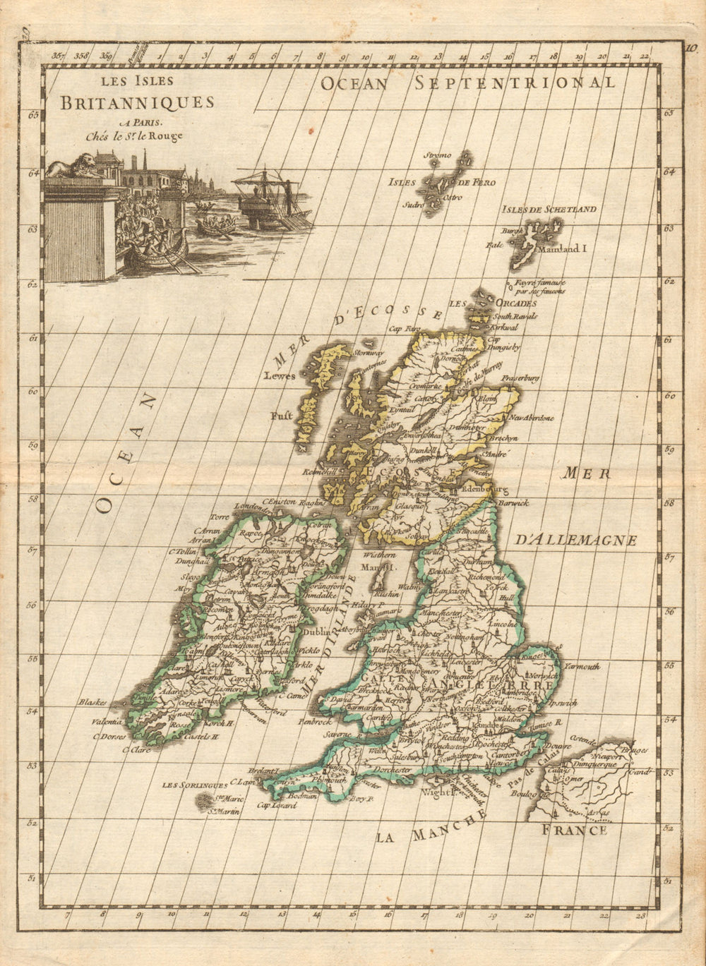 Les Isles Britanniques. British Isles. LE ROUGE c1744 old antique map chart