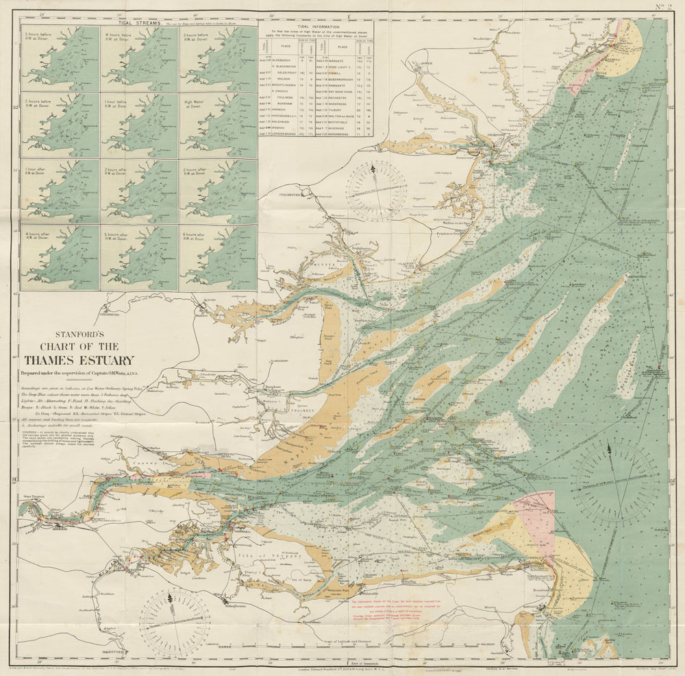 Stanford's chart of the Thames Estuary 70x70cm 1925 old vintage map plan