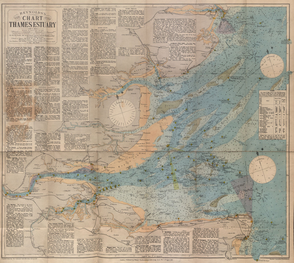 Reynolds's New Chart of the Thames Estuary. 58x62cm. STANFORD 1915 map