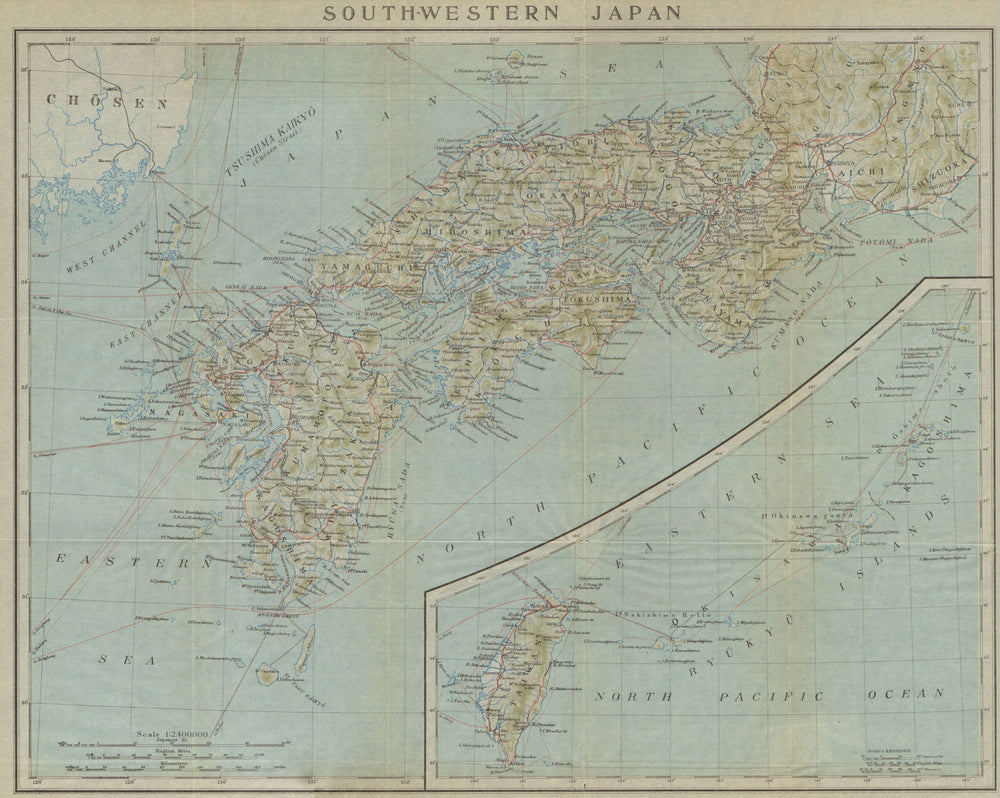 South-Western Japan. Honshu, Shikoku, Kyushu & Taiwan 1914 old antique map