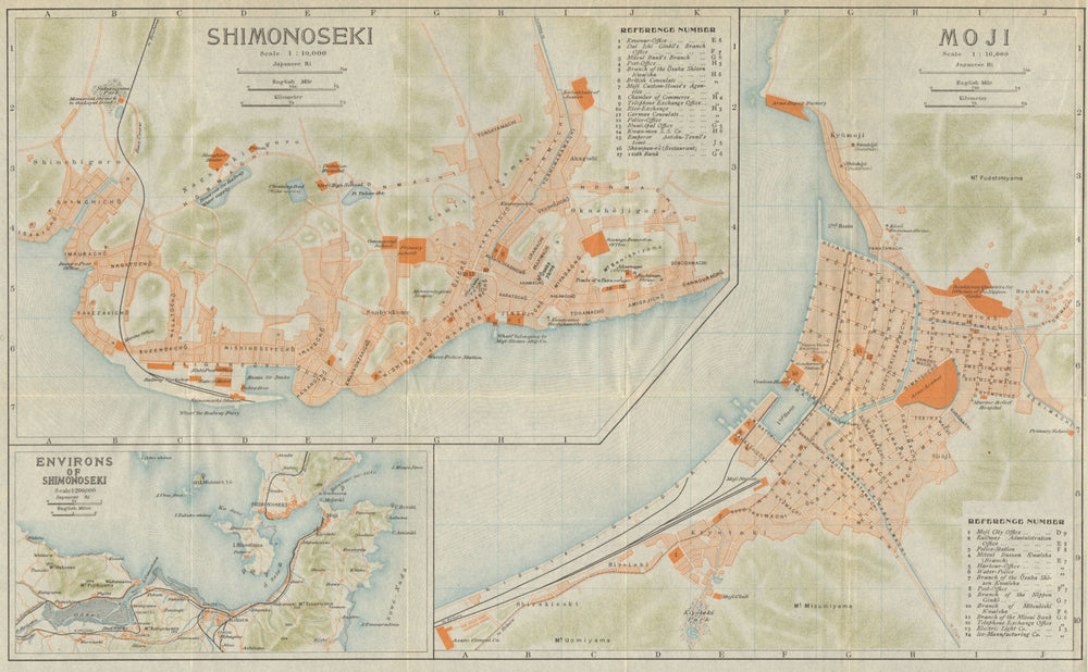 Shimonoseki & Moji antique town city plan. Moji-ku, Kitakyushu. Japan 1914 map