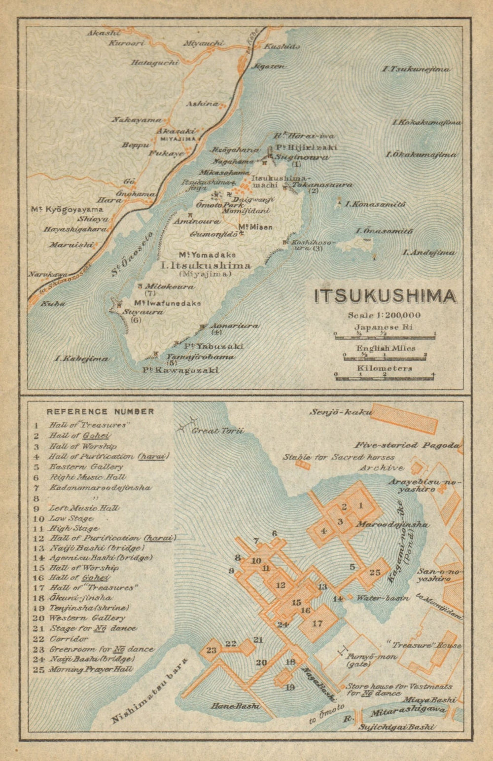 Itsukushima island & shrine. Miyajima, Hiroshima Bay. Japan 1914 old map