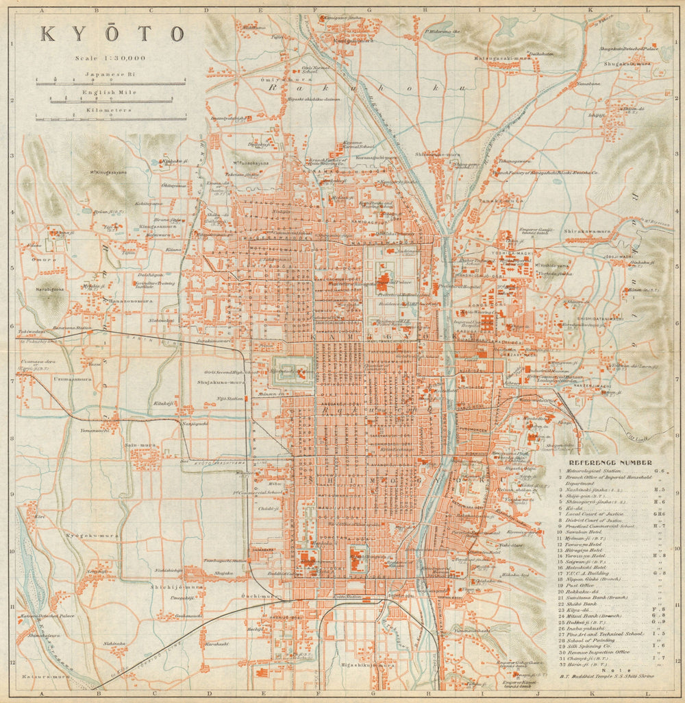 Kyoto antique town city plan. Japan 1914 old vintage map chart