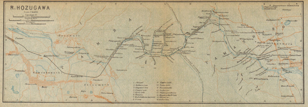 River Hozugawa. Kameoka - Kyoto. Japan 1914 old antique vintage map plan chart