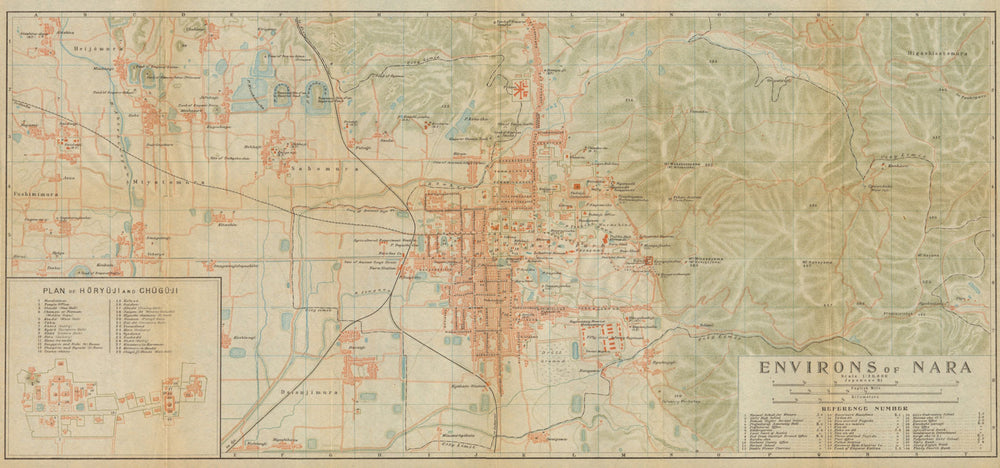 Nara & environs antique city plan. Kansai. Horyu-ji & Chugu-ji. Japan 1914 map