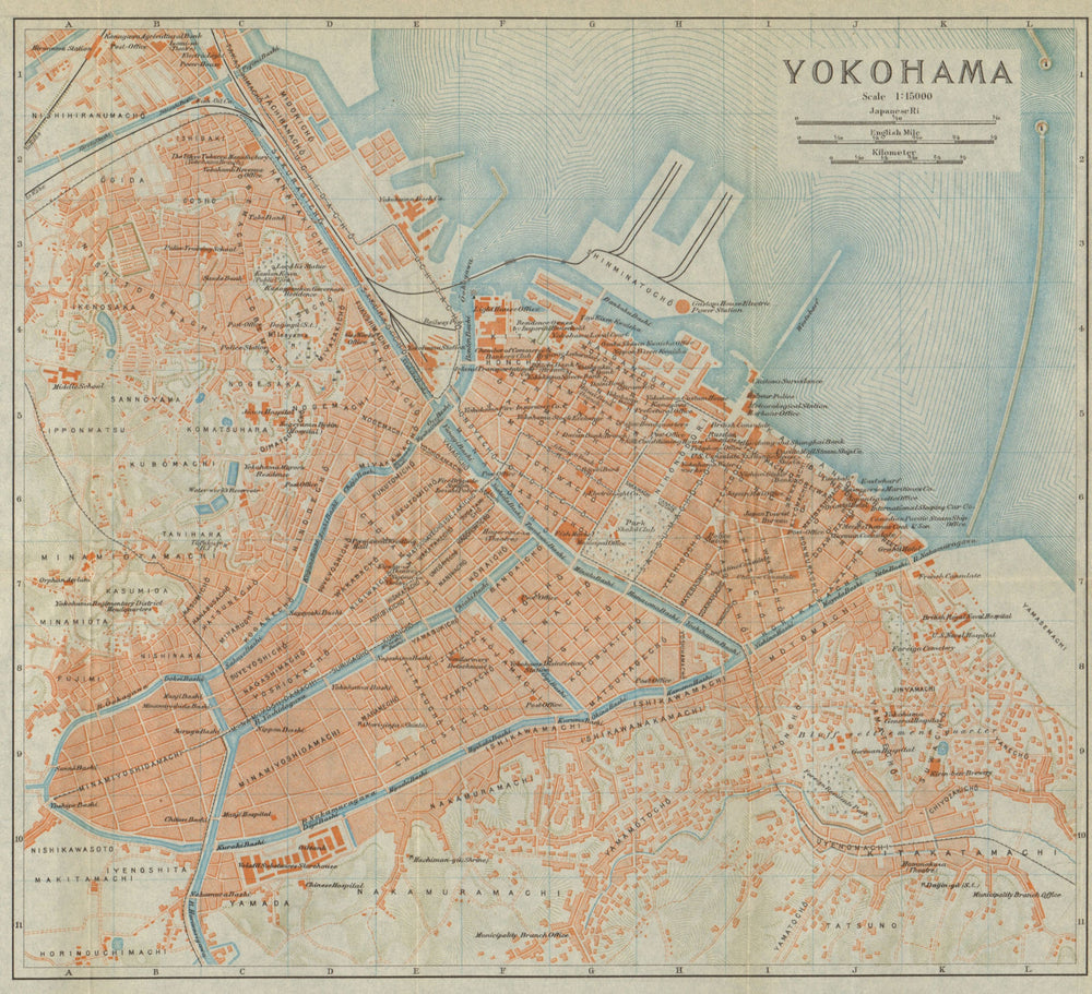 Yokohama antique town city plan. Japan 1914 old vintage map chart