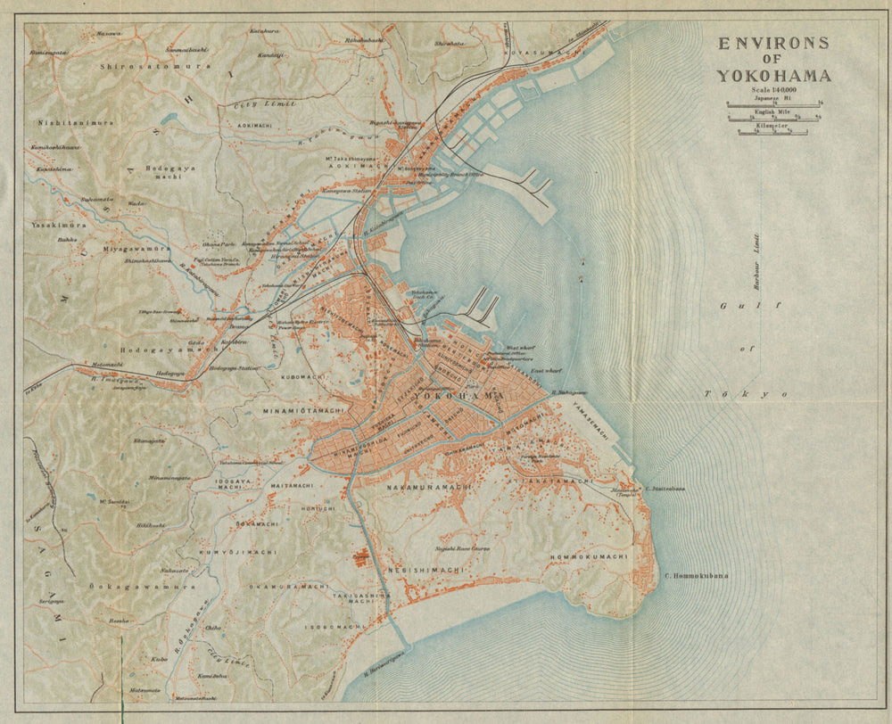 Yokohama & environs antique town city plan. Japan 1914 old map chart
