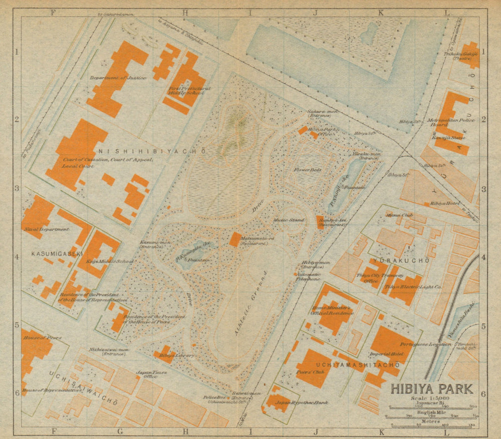 Hibiya Park antique town city plan. Chiyoda City, Tokyo, Japan 1914 old map