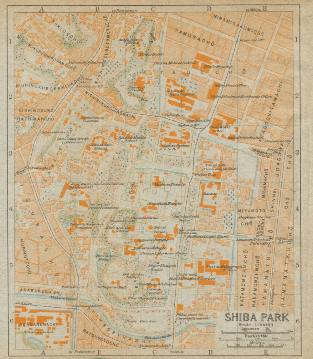 Shiba Park antique town city plan. Minato, Tokyo. Japan 1914 old map