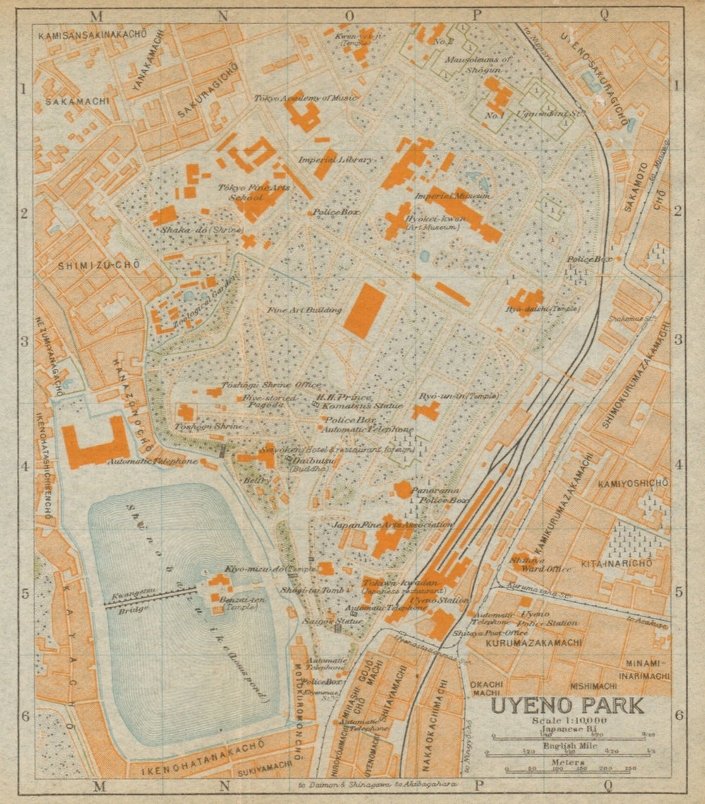 Uyeno Park antique town city plan. Ueno Park, Taito, Tokyo. Japan 1914 old map