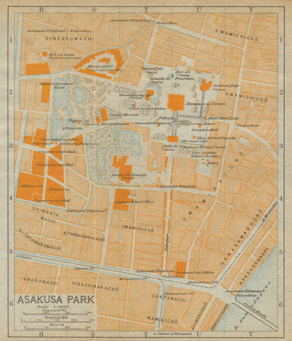 Asakusa Park antique town city plan. Taito, Tokyo. Japan 1914 old map
