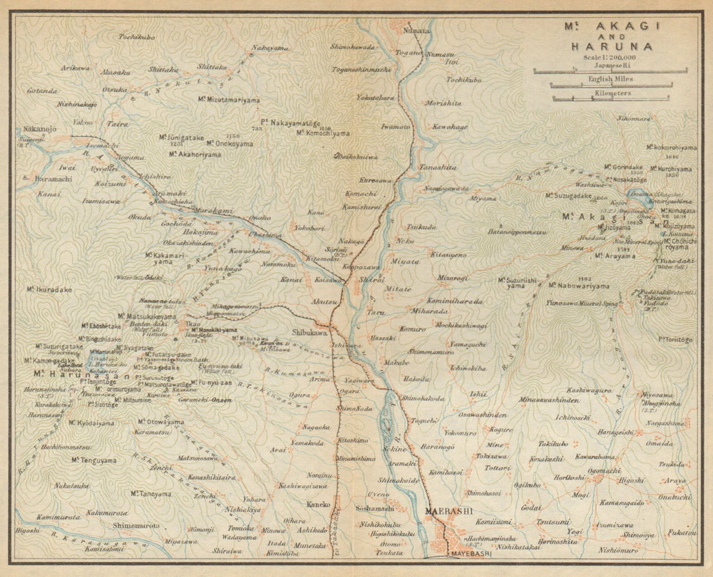 Mount Akagai and Haruna. Maebashi. Japan 1914 old antique map plan chart