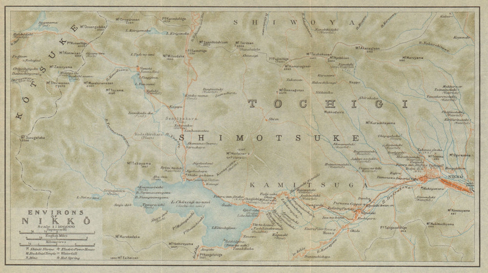 Nikko & environs. Tochigi. Japan 1914 old antique vintage map plan chart