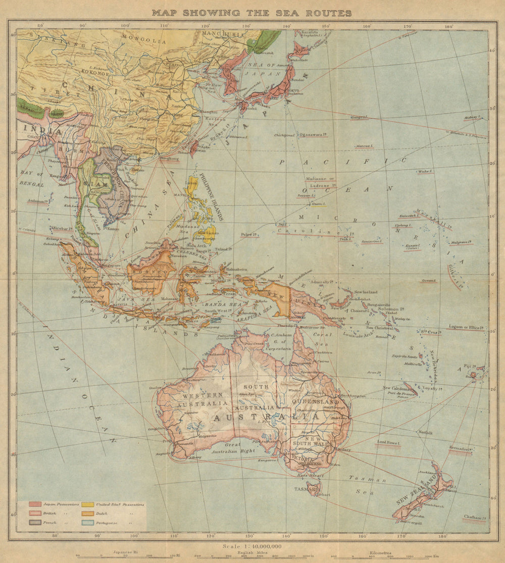 East Asia, East Indies & Australasia sea & shipping routes 1920 old map