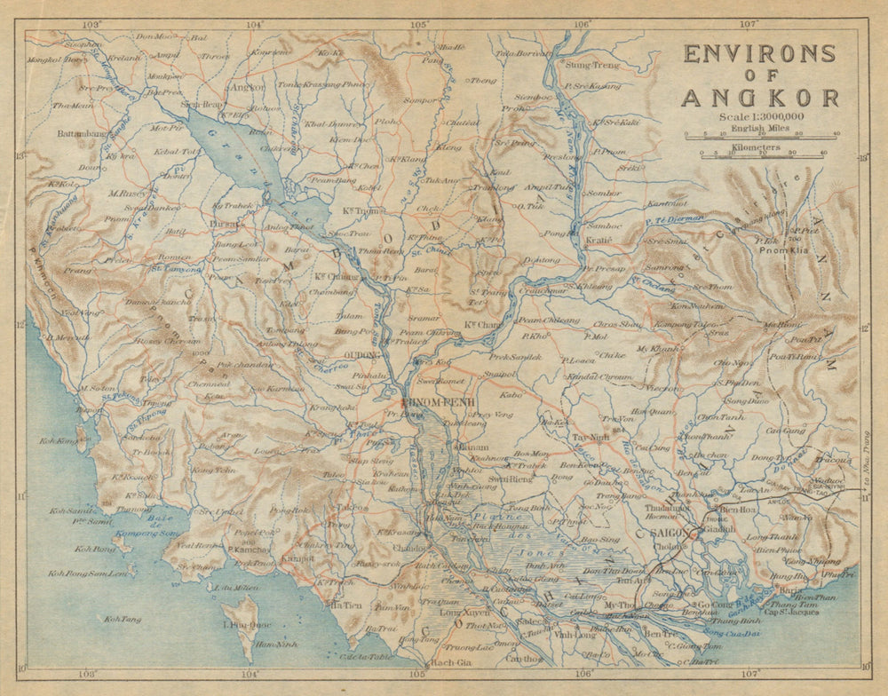 Cambodia & Southern Vietnam. "Environs of Angkor" 1920 old antique map chart
