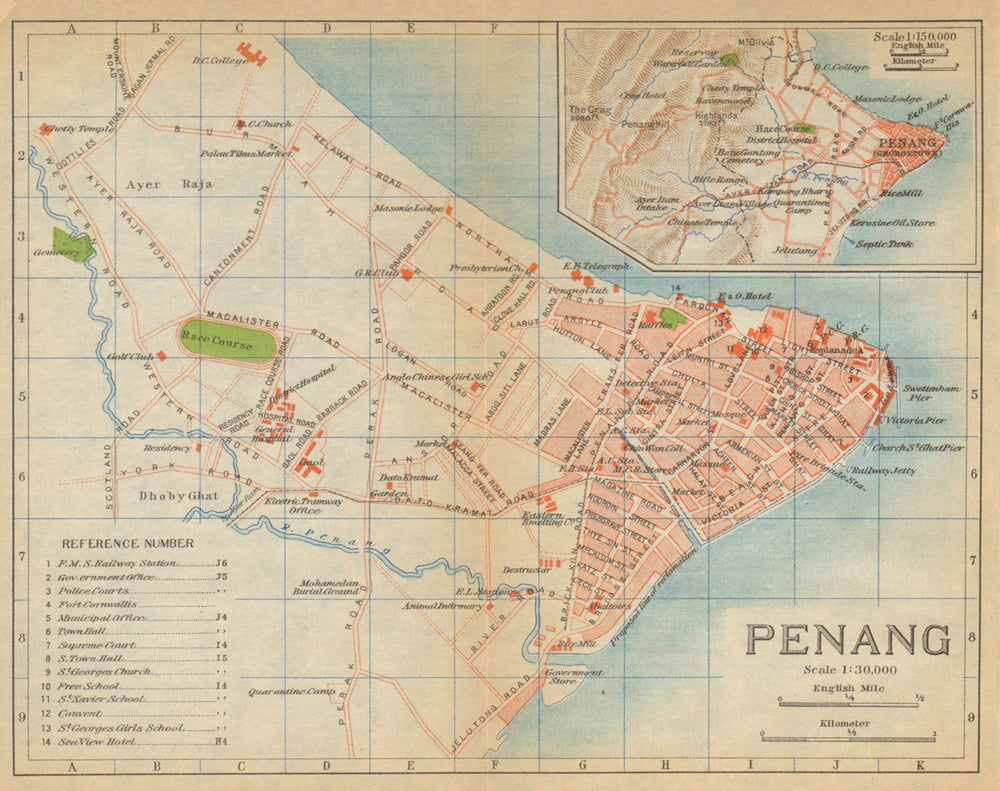 George Town, Penang antique town city plan. Malaysia 1920 old map