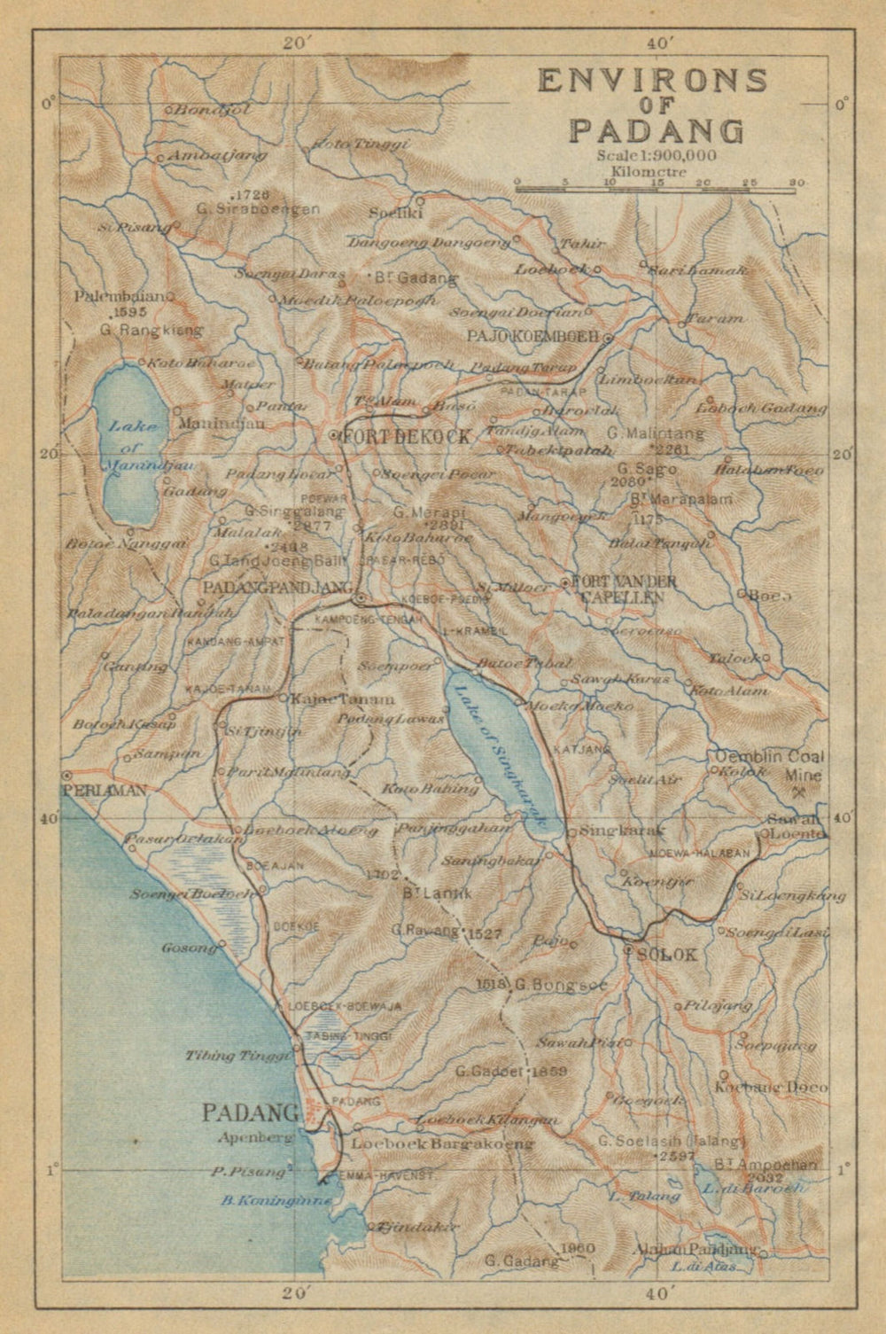 Padang & environs. Mount Marapi. Bukittinggi. Sumatra. Indonesia 1920 old map