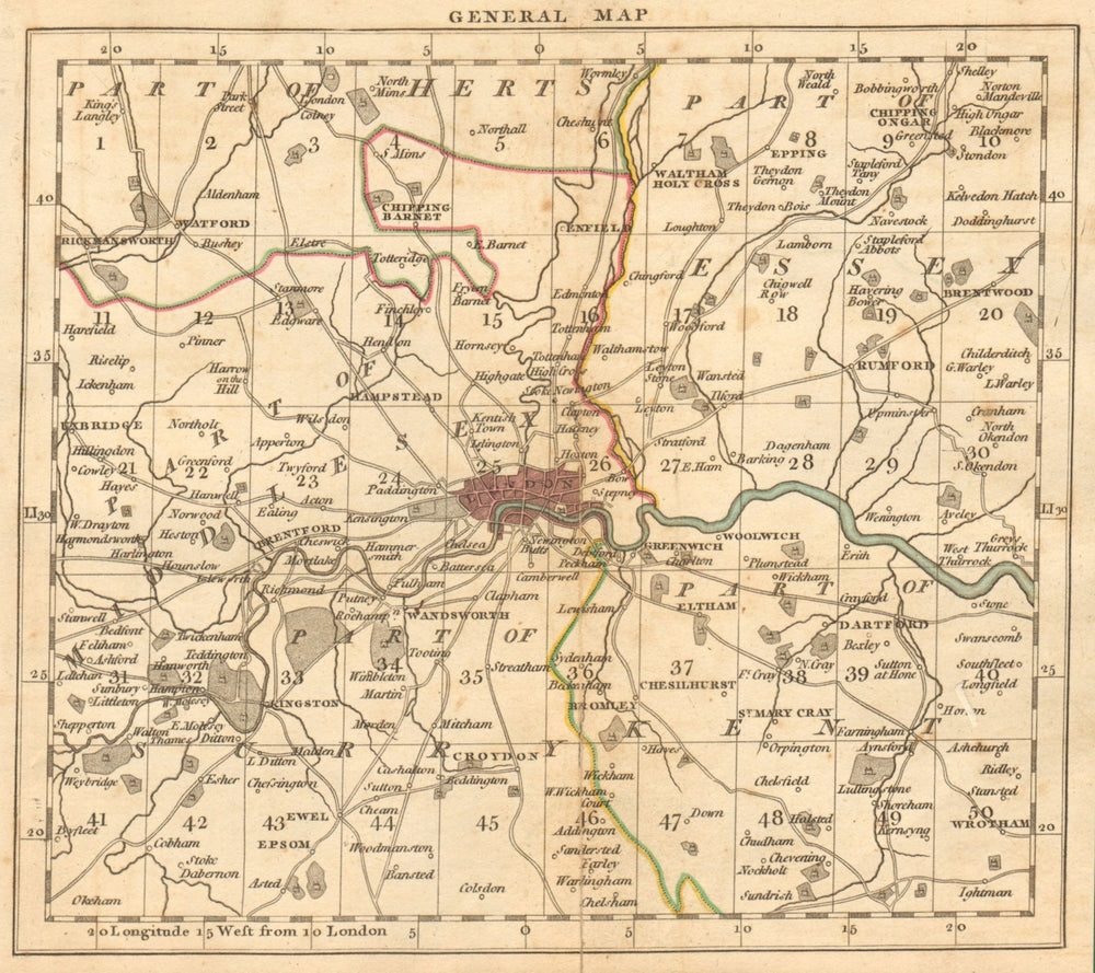 LONDON. 15 miles around London. General index map. Cary. 1811 old antique