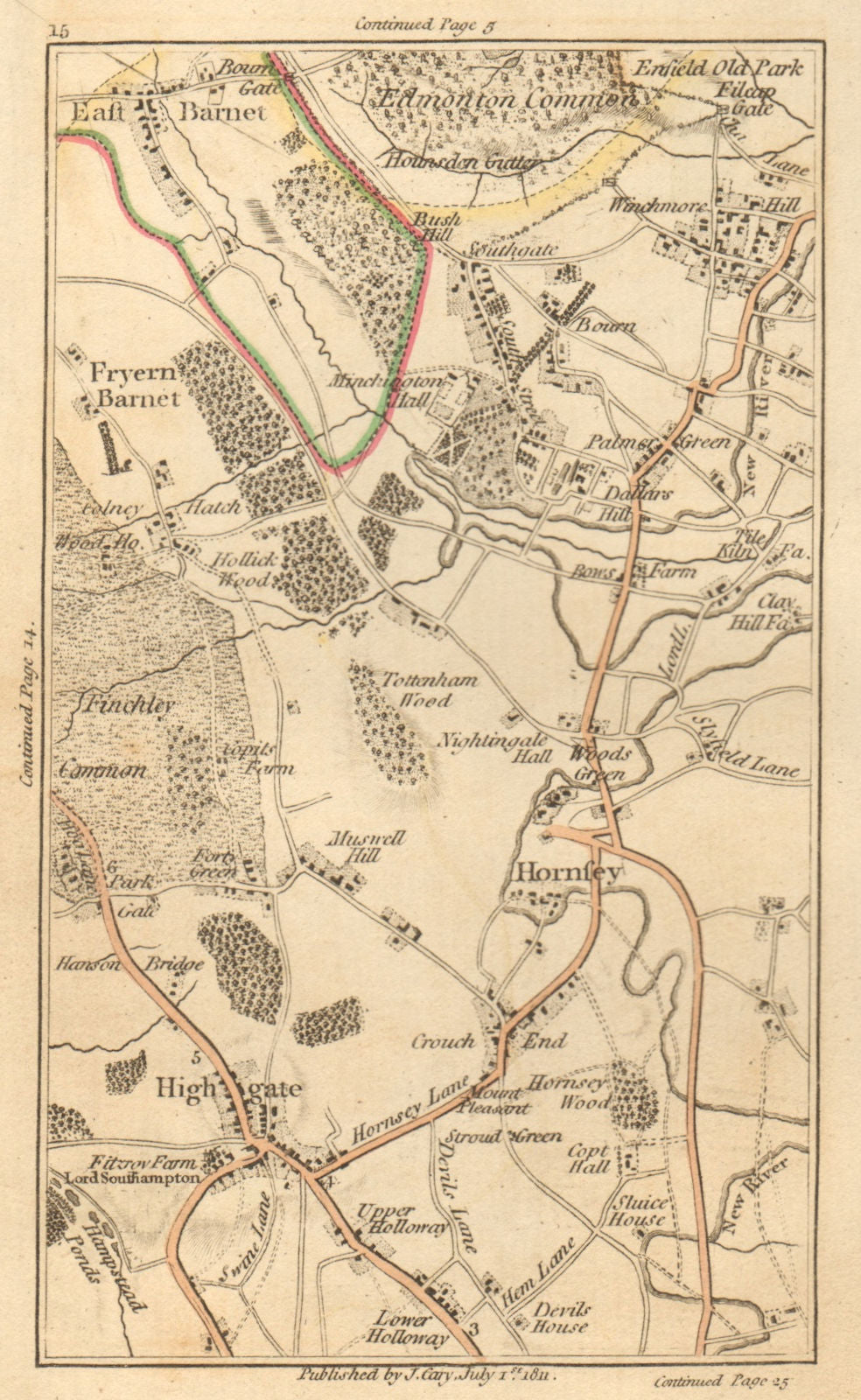 HIGHGATE. East/Friern Barnet,Hornsey,Edmonton,Southgate,Wood Green 1811 map