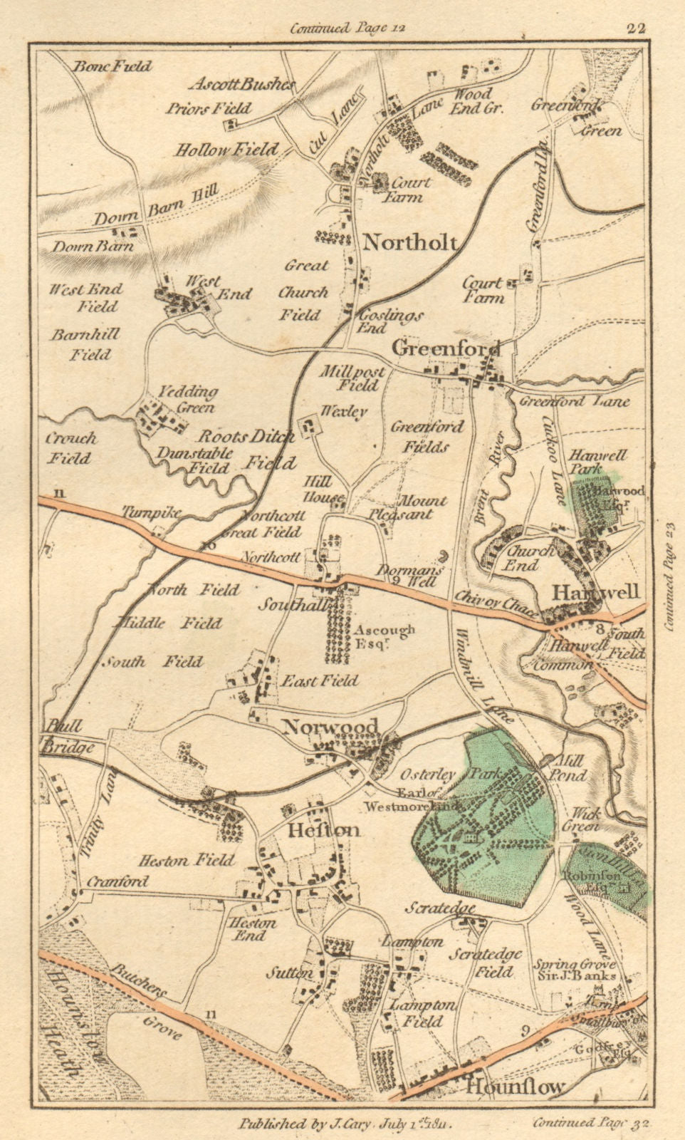 GREENFORD. Hounslow, Northolt, Hanwell, Southall, Heston, Osterley 1811 map
