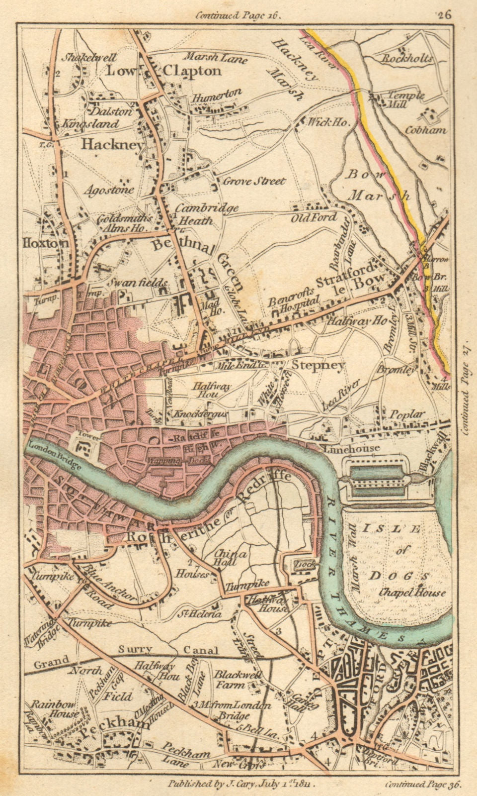 EAST END. Hackney,Hoxton,Stratford,Bow,City,Bermondsey,Isle of Dogs 1811 map