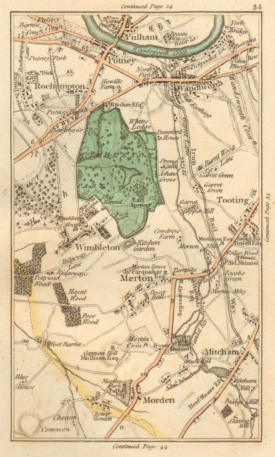 WANDSWORTH. Putney,Roehampton,Fulham,Tooting,Wimbledon,Morden,Merton 1811 map