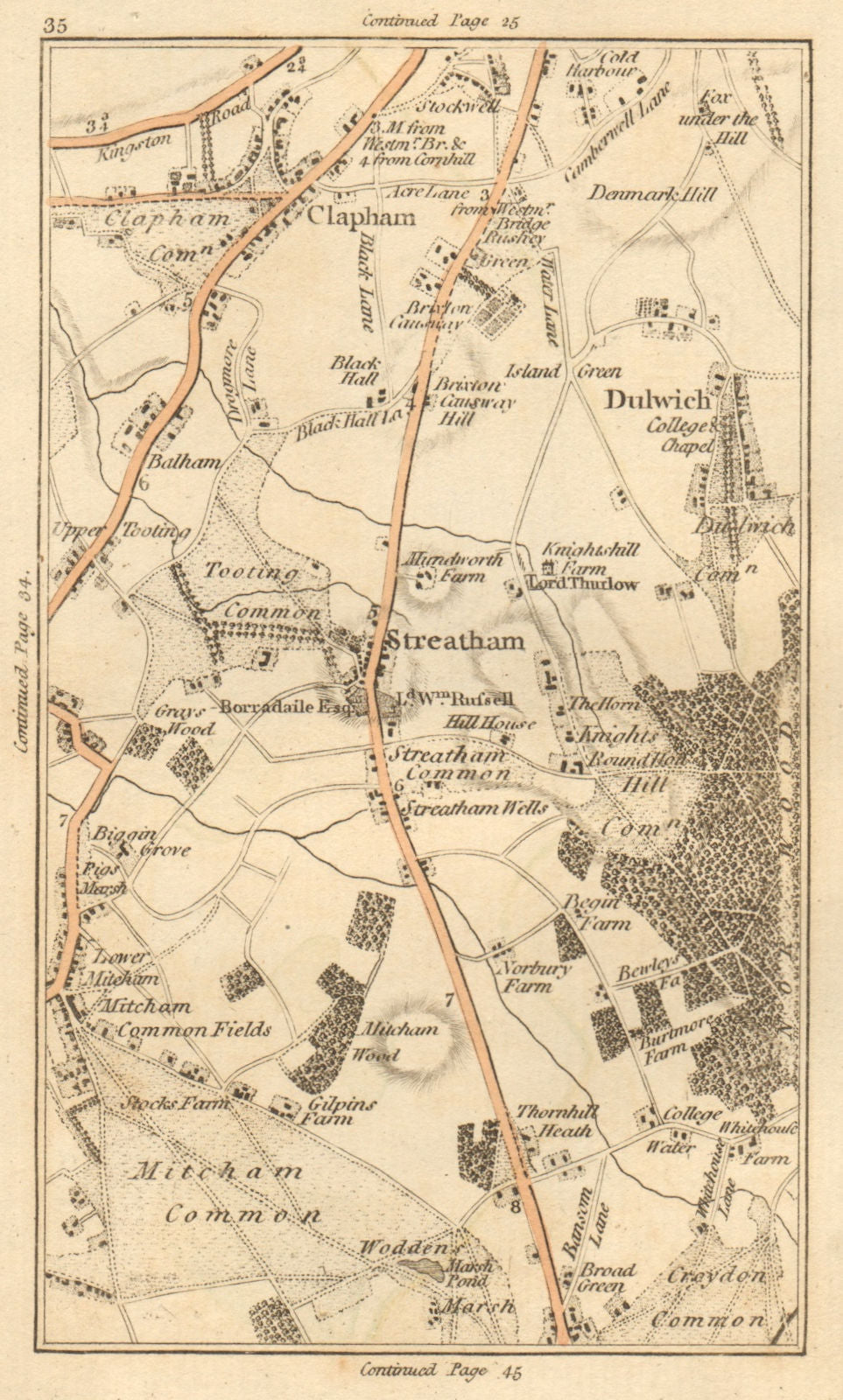 CLAPHAM. Streatham,Dulwich,Tooting,Mitcham,Croydon,Brixton,Stockwell 1811 map