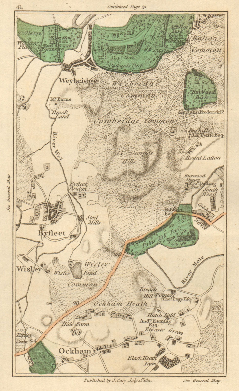 WEYBRIDGE. Byfleet, Ockham, Wisley, Cobham, Walton-on-Thames, Ripley 1811 map