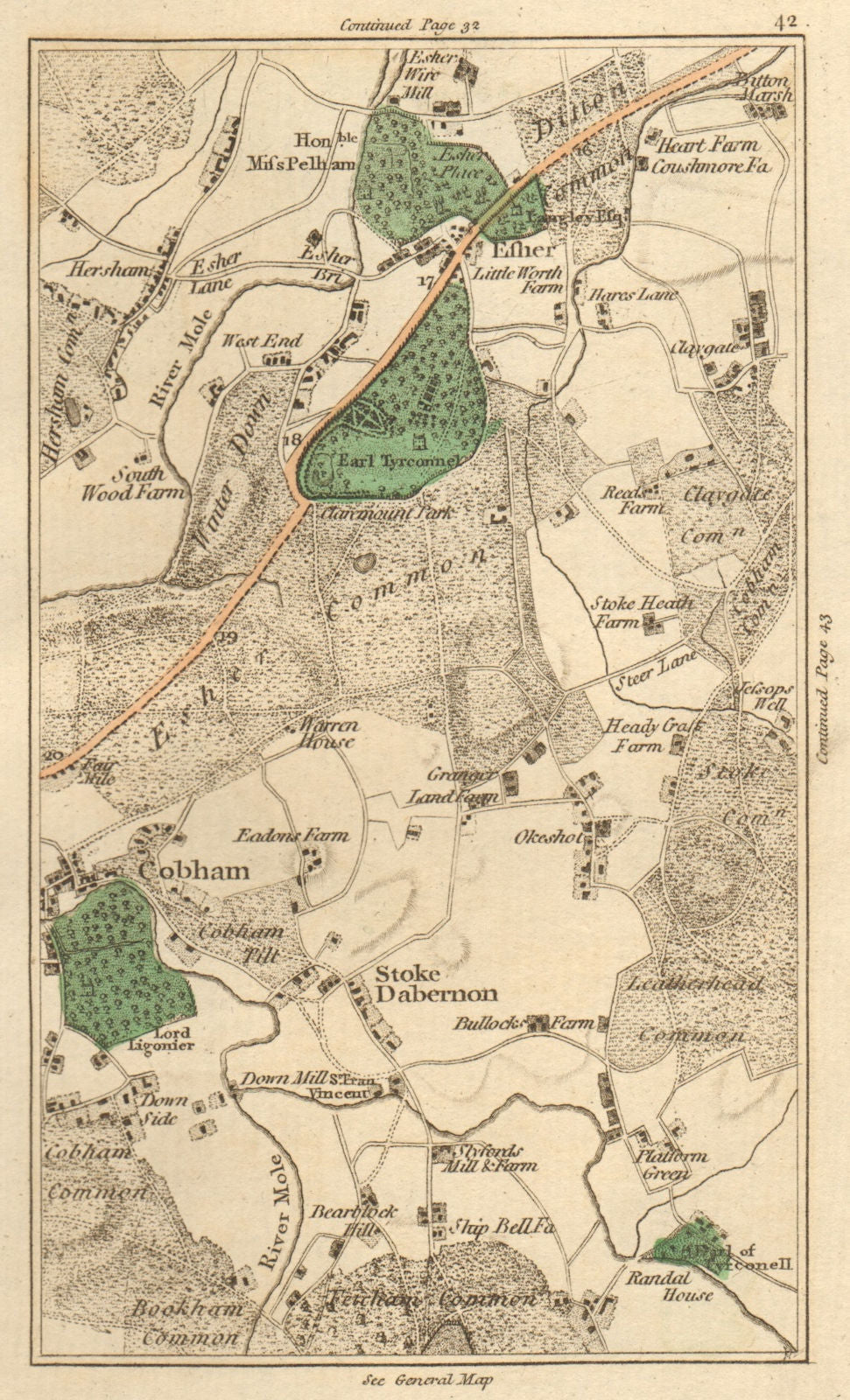ESHER. Cobham,Walton-on-Thames,Stoke D'abernon,Bookham,Leatherhead 1811 map