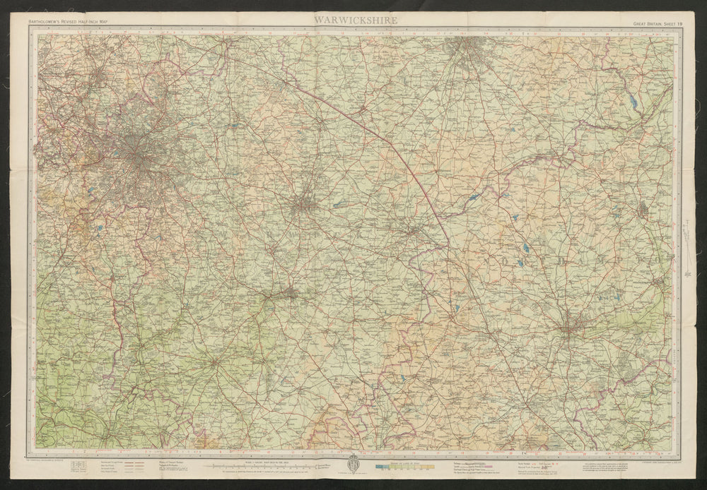 Sheet 19 WARWICKSHIRE. Birmingham Northampton Leicester. BARTHOLOMEW 1947 map