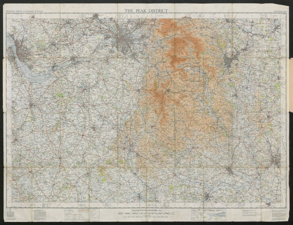 THE PEAK DISTRICT. Manchester Liverpool Derby. ORDNANCE SURVEY 1936 old map