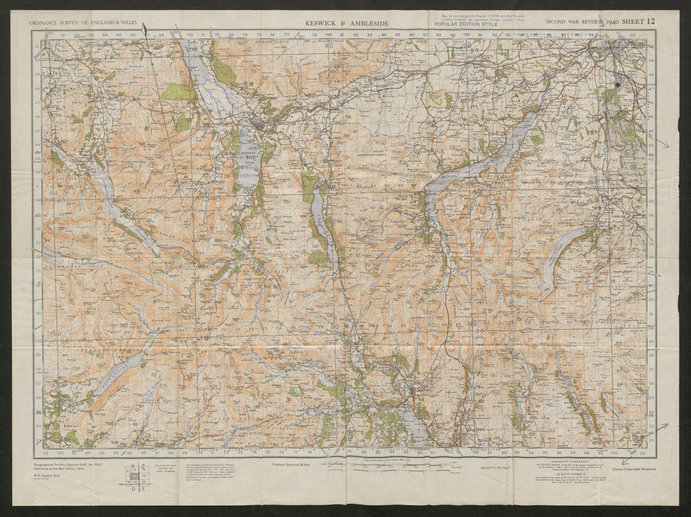 War Revision Sheet 12 KESWICK & AMBLESIDE Lake District ORDNANCE SURVEY 1941 map