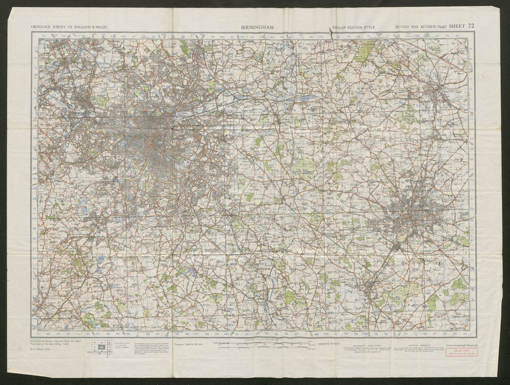 War Revision Sheet 72 BIRMINGHAM Coventry West Midlands ORDNANCE SURVEY 1942 map