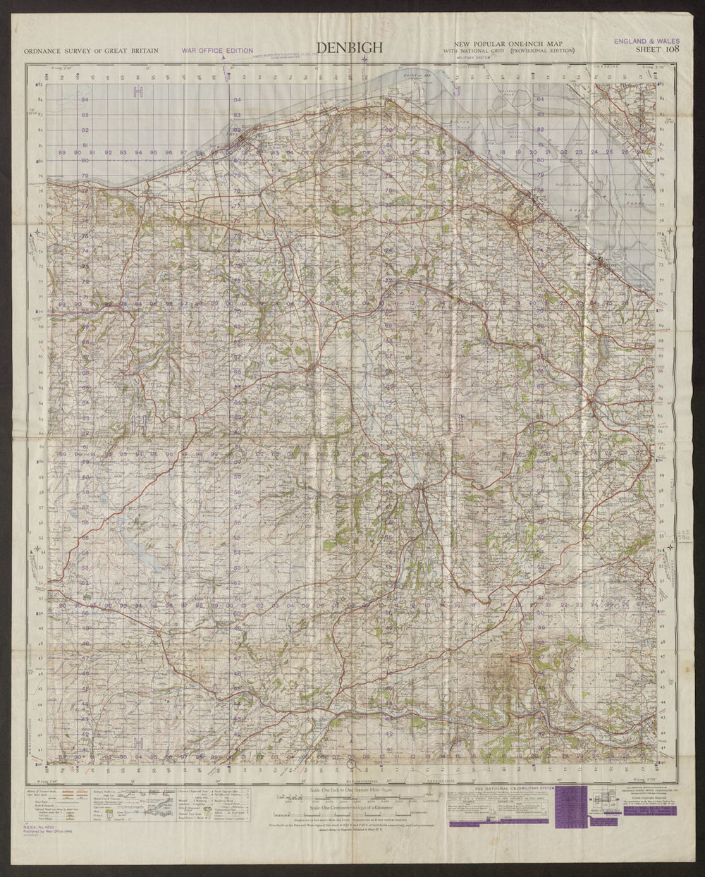 War Office Sheet 108 DENBIGH. Wales Rhyl Mold Flint Dee ORDNANCE SURVEY 1949 map