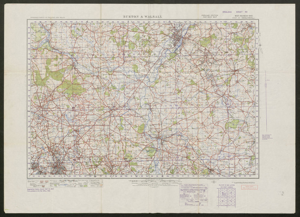 War Revision 1940 Sheet 62 BURTON & WALSALL. Lichfield. ORDNANCE SURVEY 1940 map
