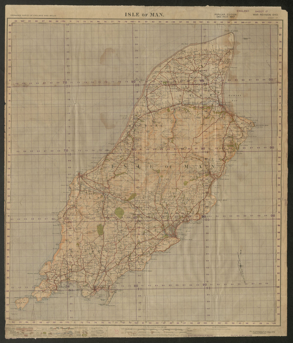 War Revision Sheet 17 ISLE OF MAN. Douglas Peel Ramsay. ORDNANCE SURVEY 1940 map