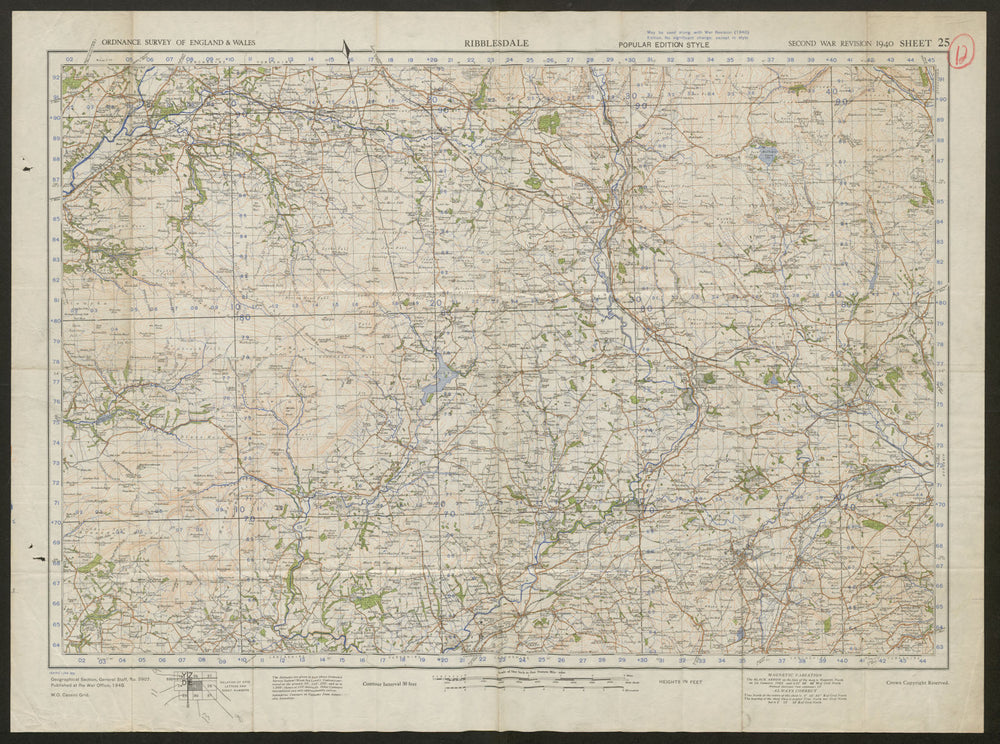 War Revision Sheet 25 Ribblesdale. Yorkshire Dales. ORDNANCE SURVEY 1940 map