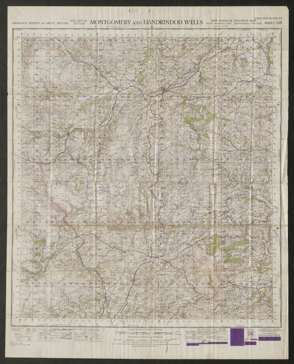 War Office Sheet 128 MONTGOMERY & LLANDRINDOD WELLS. ORDNANCE SURVEY 1949 map