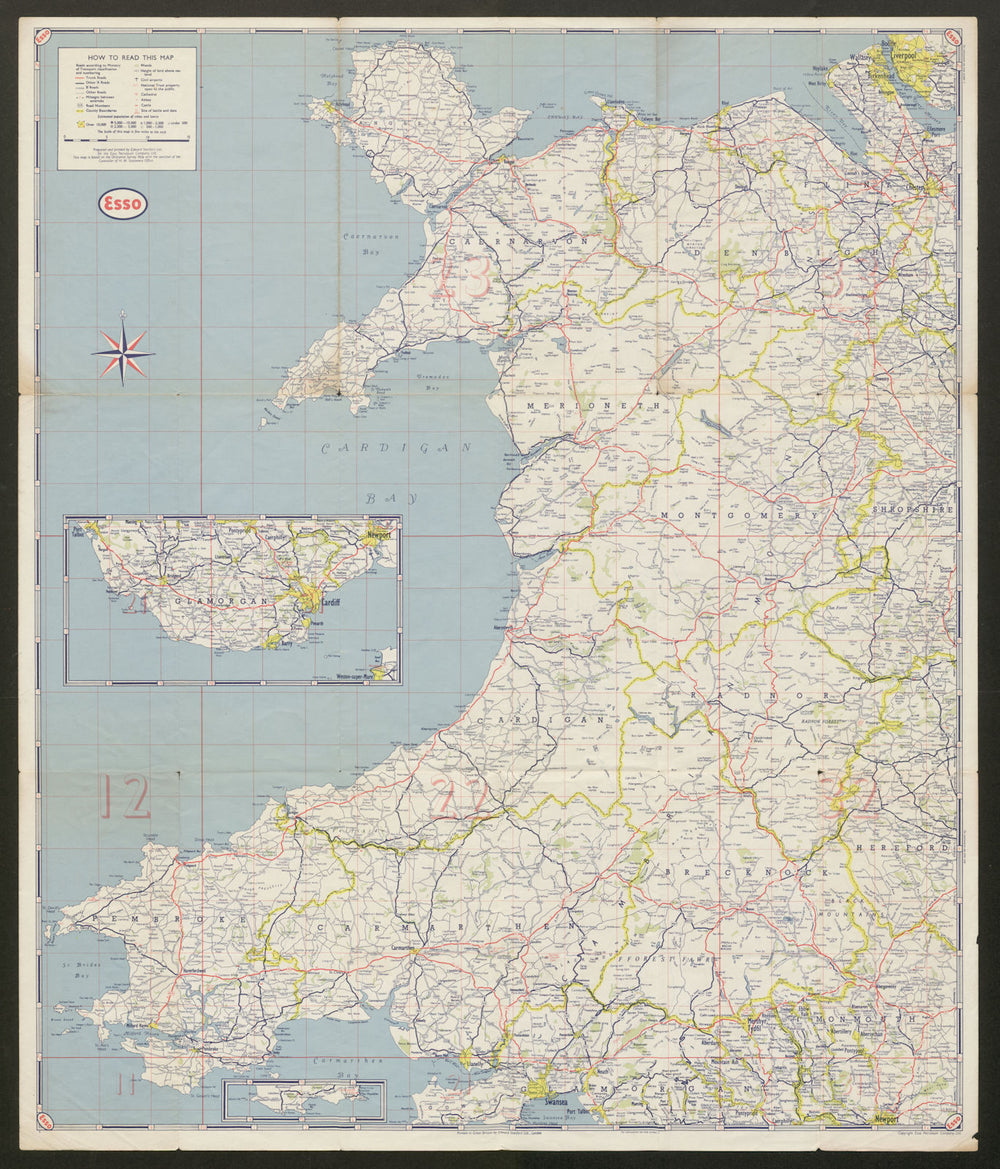 First Series Esso Road Map No 4 Wales and Midlands. ESSO c1950 old vintage