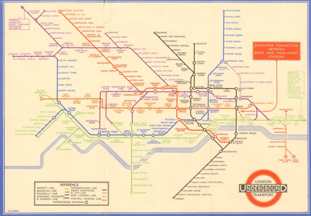LONDON UNDERGROUND tube map plan diagram. 33-2791 HARRY BECK. September 1933