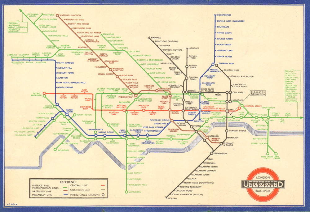 LONDON UNDERGROUND tube map plan diagram. Middle Circle. HARRY BECK #1 1938