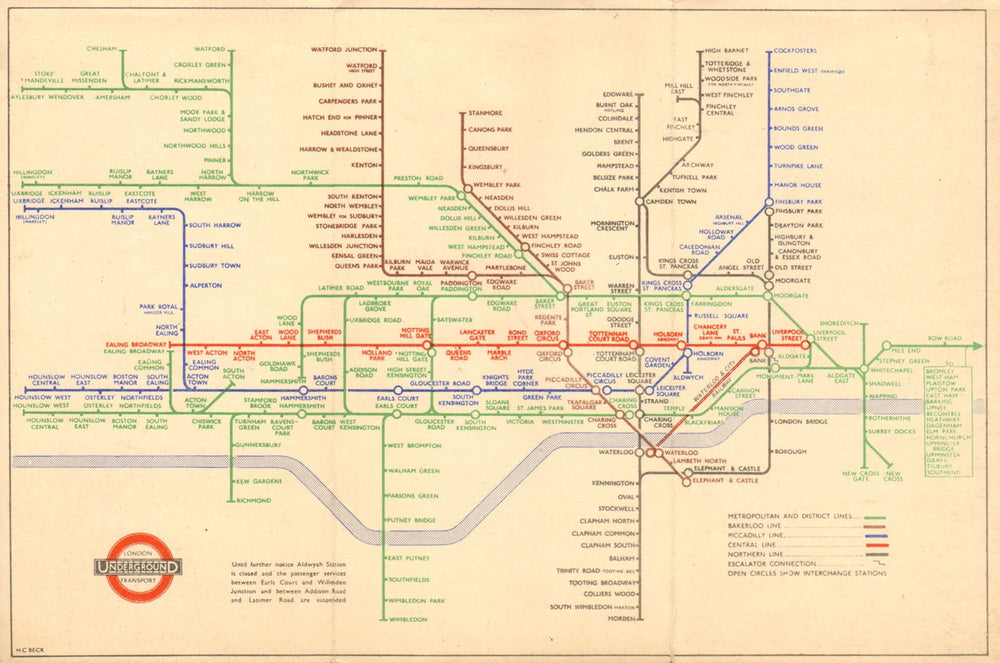 Beck Line LONDON UNDERGROUND tube map plan diagram. Green Metropolitan Line. BECK ...