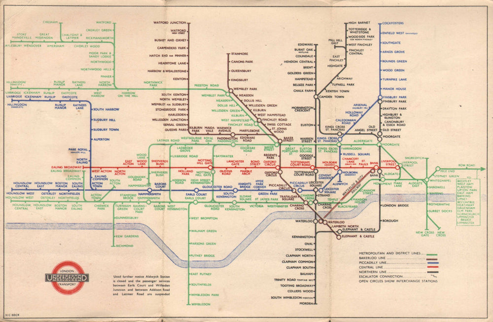 LONDON UNDERGROUND tube map plan diagram. Green Metropolitan Line. BECK #1 1945