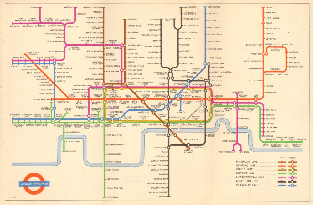 LONDON UNDERGROUND tube map plan diagram. South Acton. HARRY BECK 1954 old
