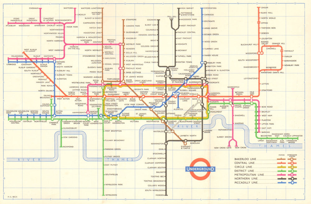 LONDON UNDERGROUND tube map plan diagram. Final HARRY BECK edition 1960