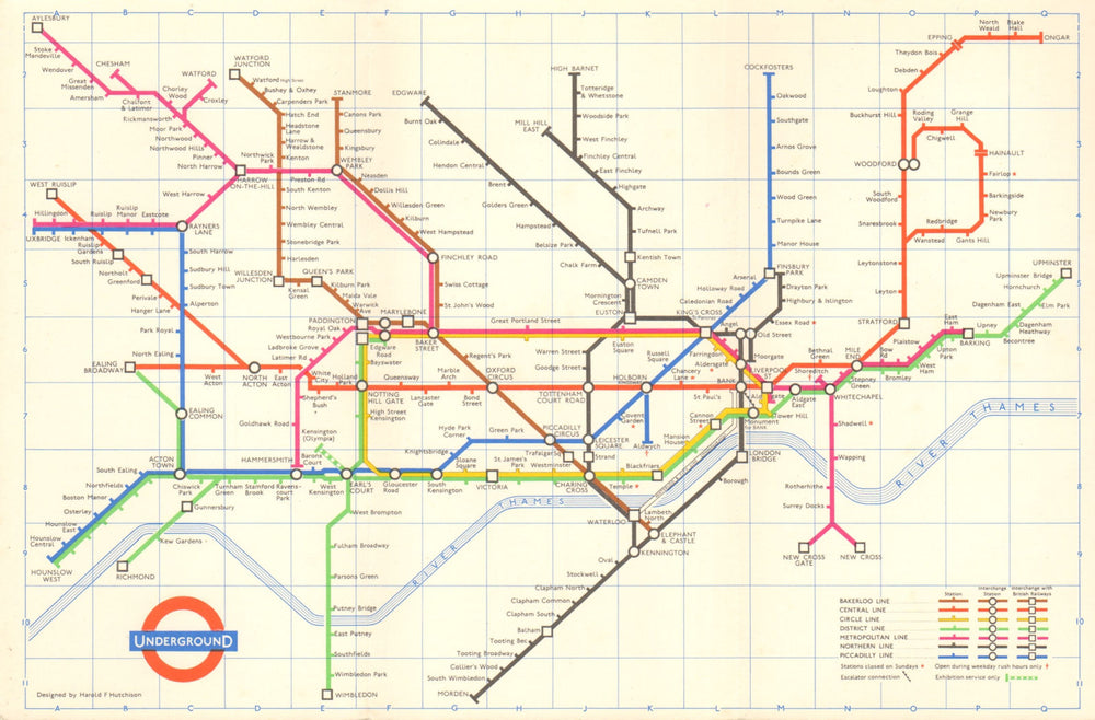LONDON UNDERGROUND tube map plan diagram. 1st HARRY HUTCHISON edition 1961