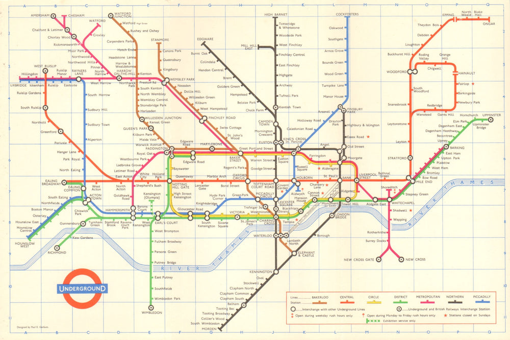 LONDON UNDERGROUND tube map plan diagram. 1st PAUL GARBUTT edition 1964