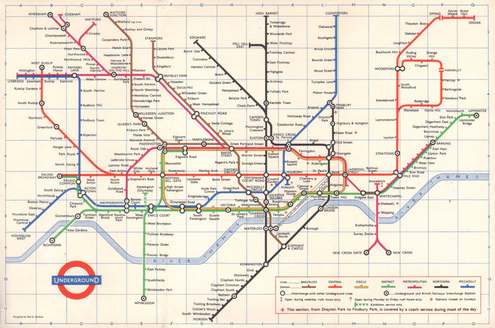 LONDON UNDERGROUND tube map plan diagram. PAUL GARBUTT. August 1966 old